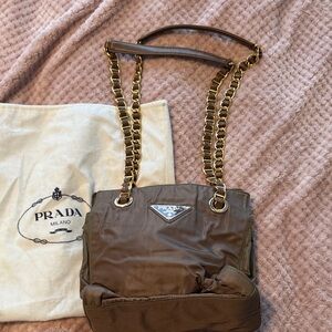 Prada Brown Nylon Shoulder Bag with Gold Chain